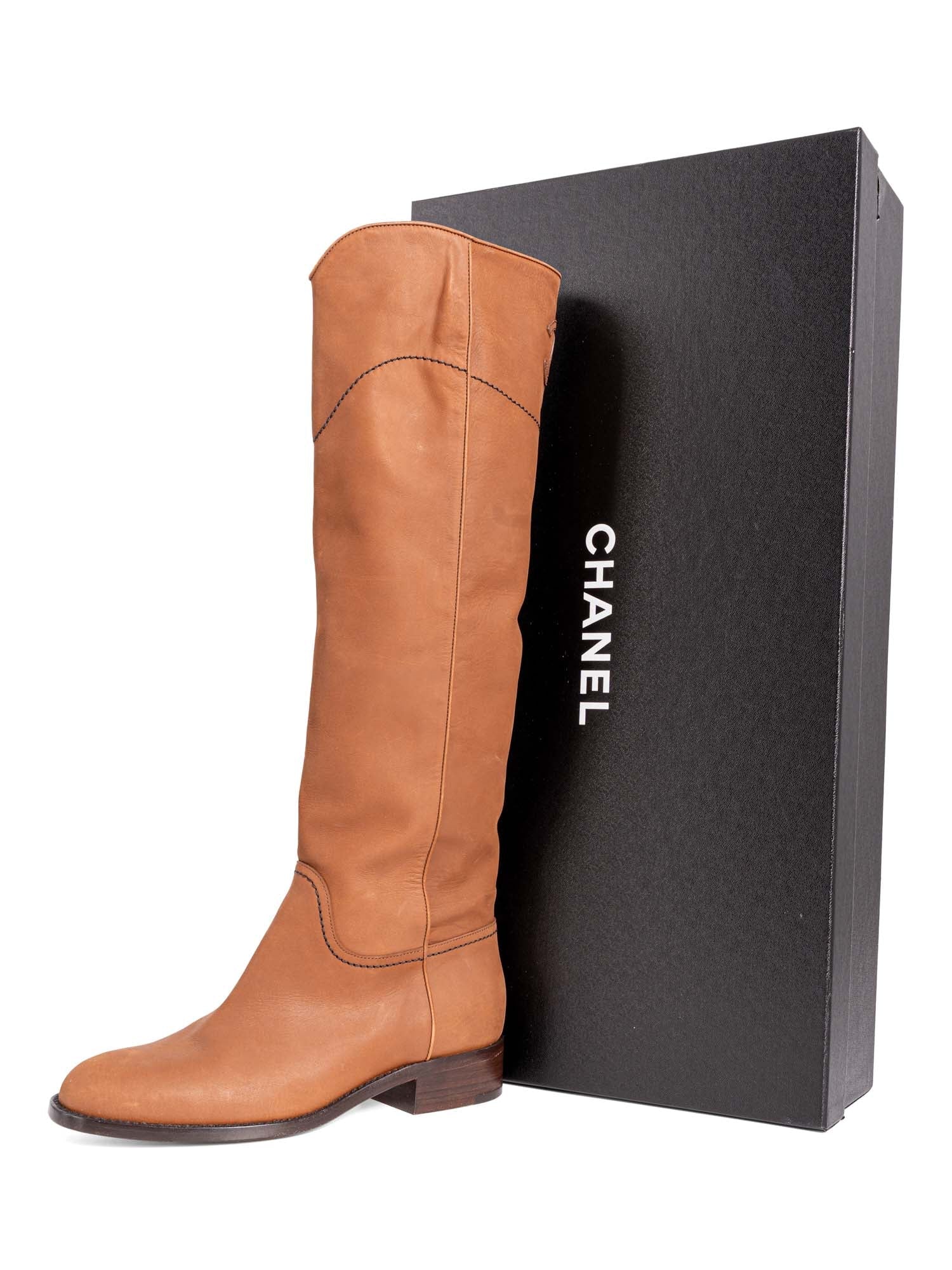 CHANEL CC Logo Leather Pull On Flat Boots Brown-designer resale