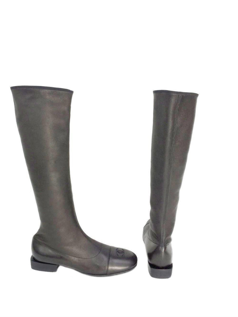 CHANEL CC Logo Leather Round Cap Toe Flat Boots Black-designer resale