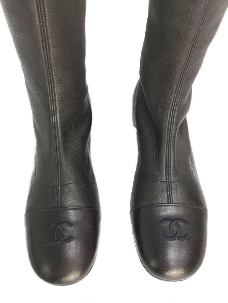 CHANEL CC Logo Leather Round Cap Toe Flat Boots Black-designer resale