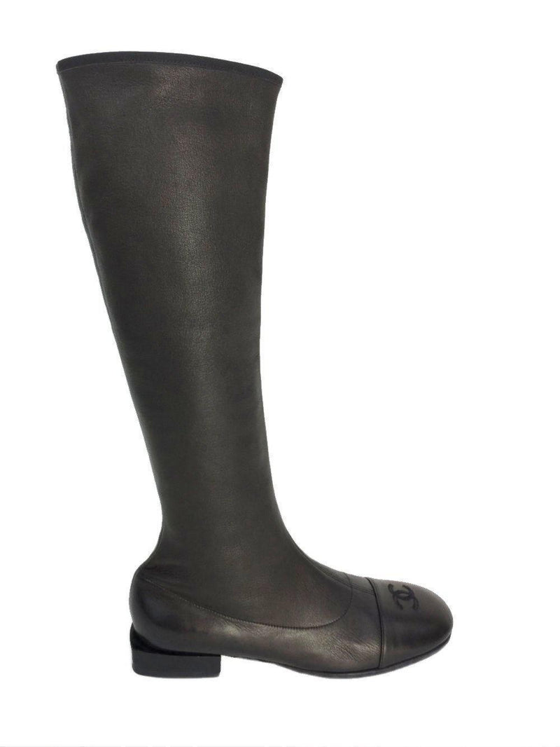 CHANEL CC Logo Leather Round Cap Toe Flat Boots Black-designer resale