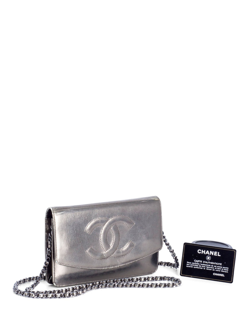 CHANEL CC Logo Leather Timeless Wallet On Chain Metallic Green