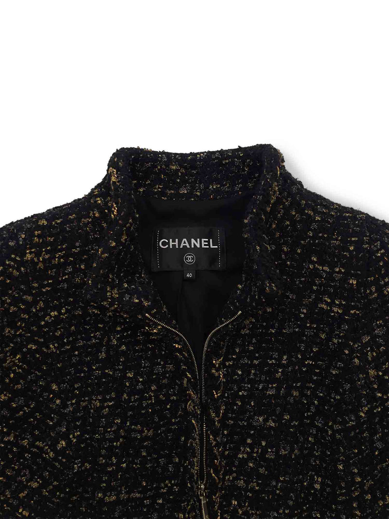 CHANEL CC Logo Lesage Tweed Fringe Aline Jacket Black-designer resale