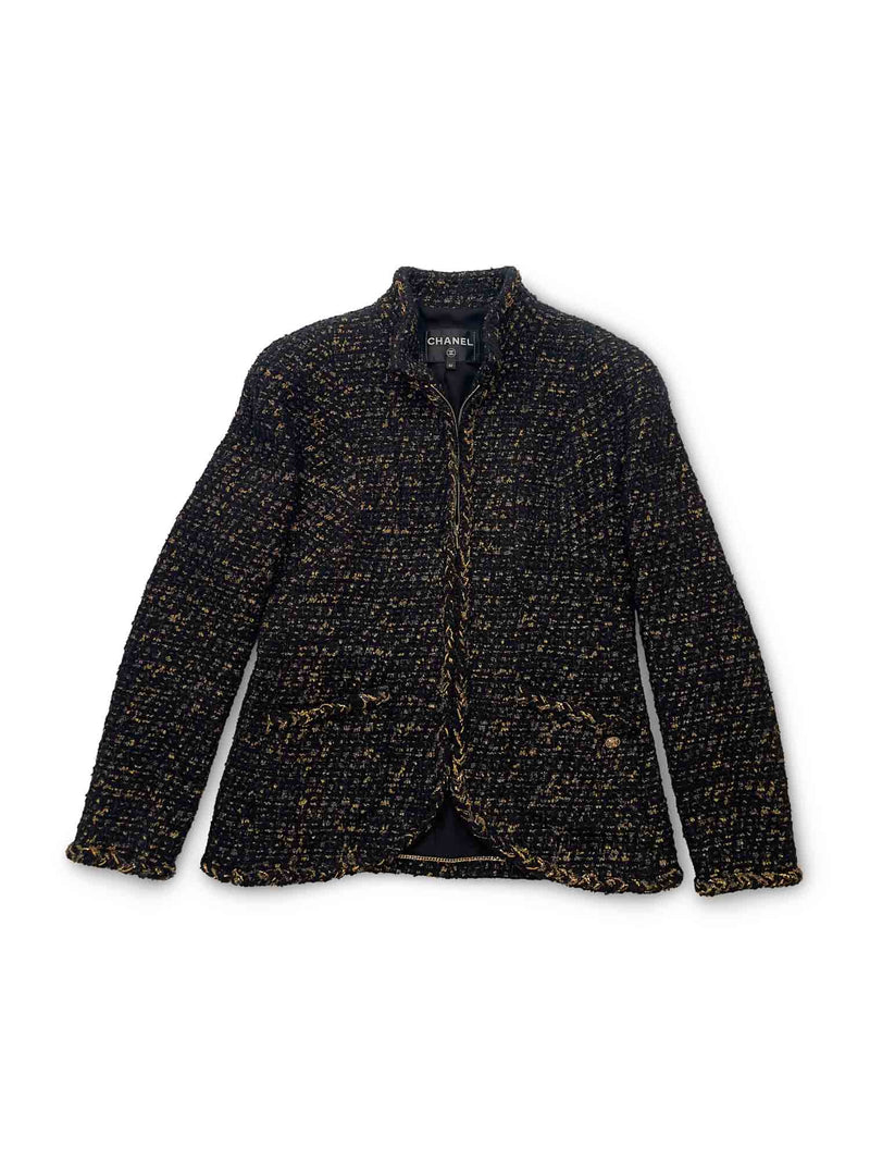 CHANEL CC Logo Lesage Tweed Fringe Aline Jacket Black