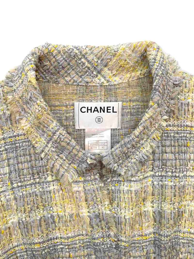Chanel CC Logo Lesage Tweed Fringe Jacket Grey Yellow