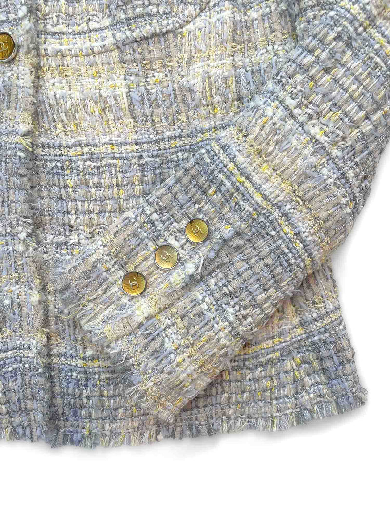 CHANEL CC Logo Lesage Tweed Fringe Jacket Grey Yellow-designer resale