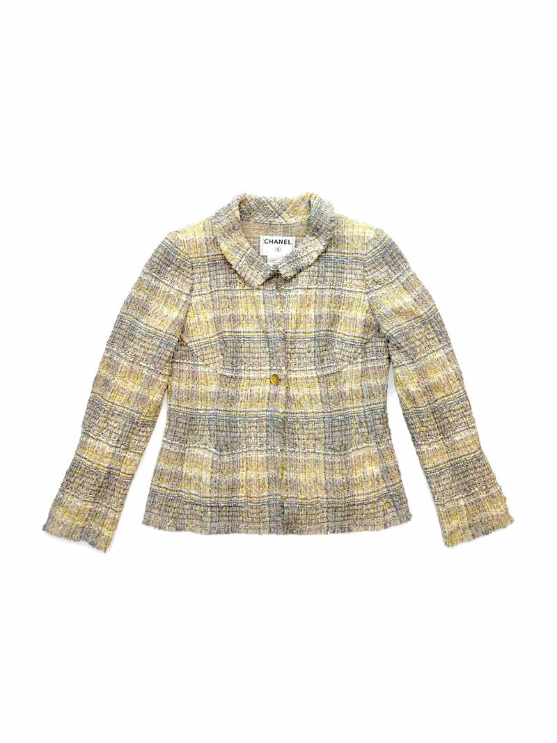 CHANEL CC Logo Lesage Tweed Fringe Jacket Grey Yellow-designer resale