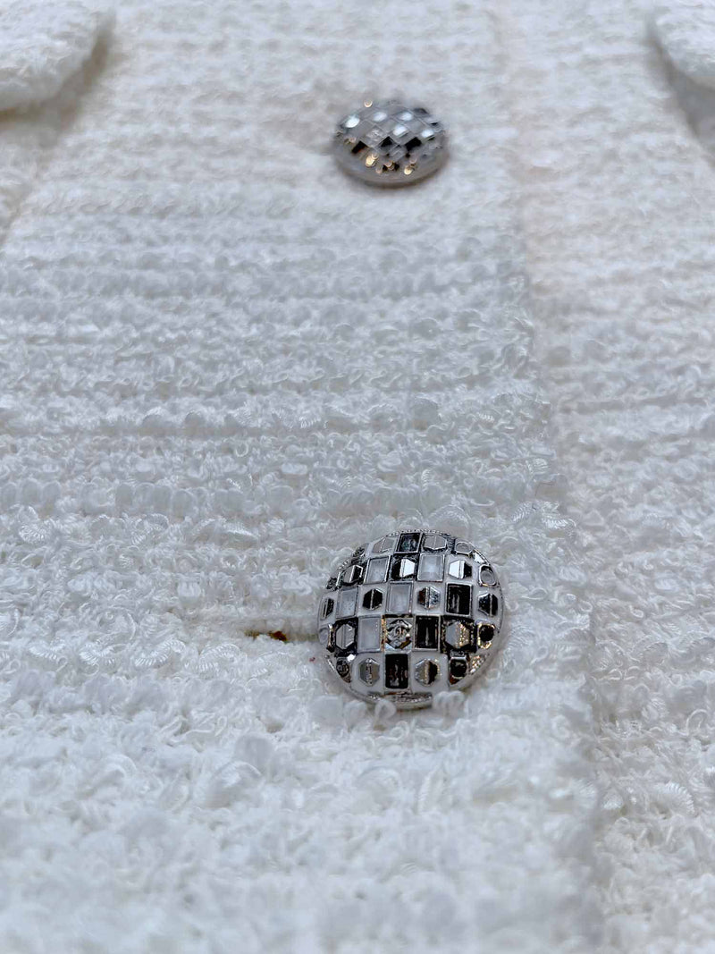 CHANEL CC Logo Lesage Tweed Fringy Fitted Mini Dress White-designer resale