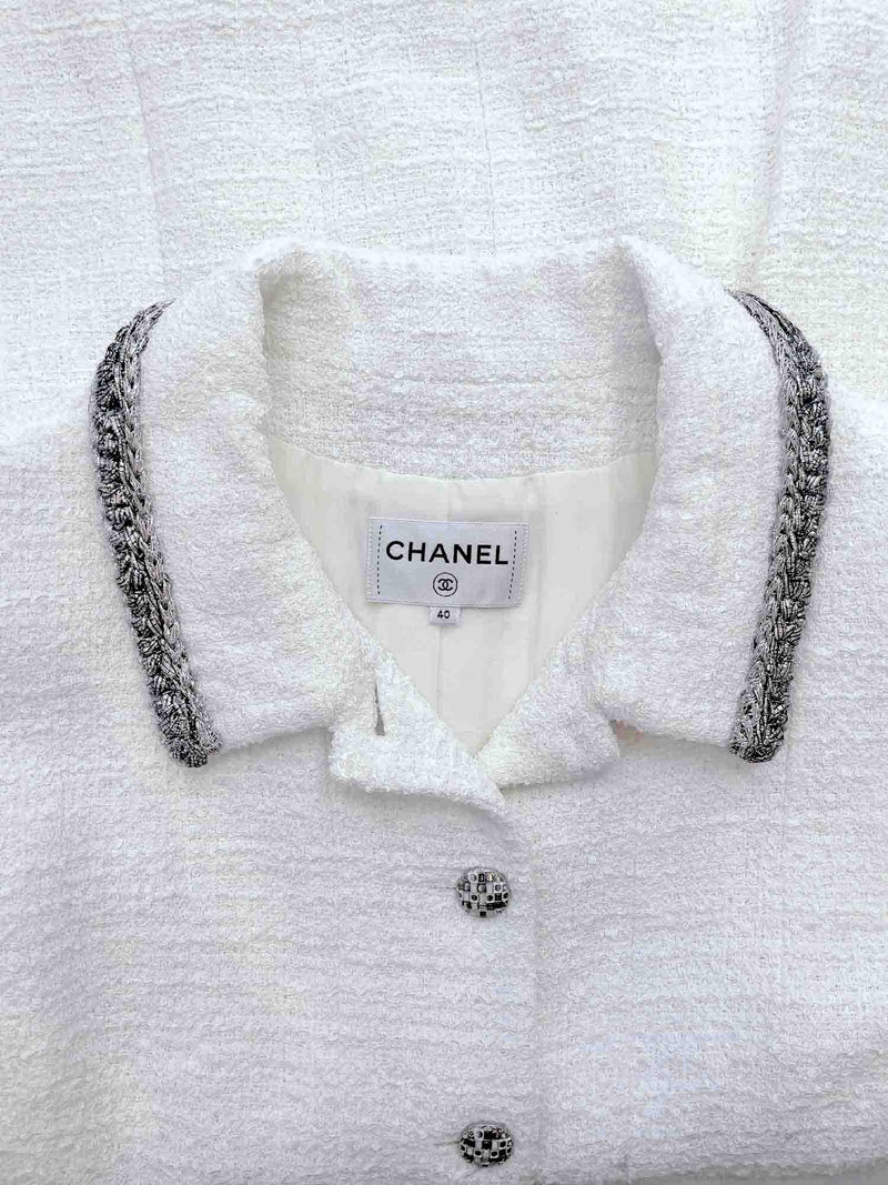 CHANEL CC Logo Lesage Tweed Fringy Fitted Mini Dress White-designer resale
