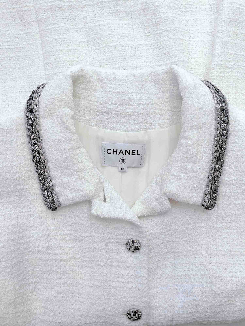 CHANEL CC Logo Lesage Tweed Fringy Fitted Mini Dress White CHANEL CC Logo Lesage Tweed Fringy Fitted Mini Dress White