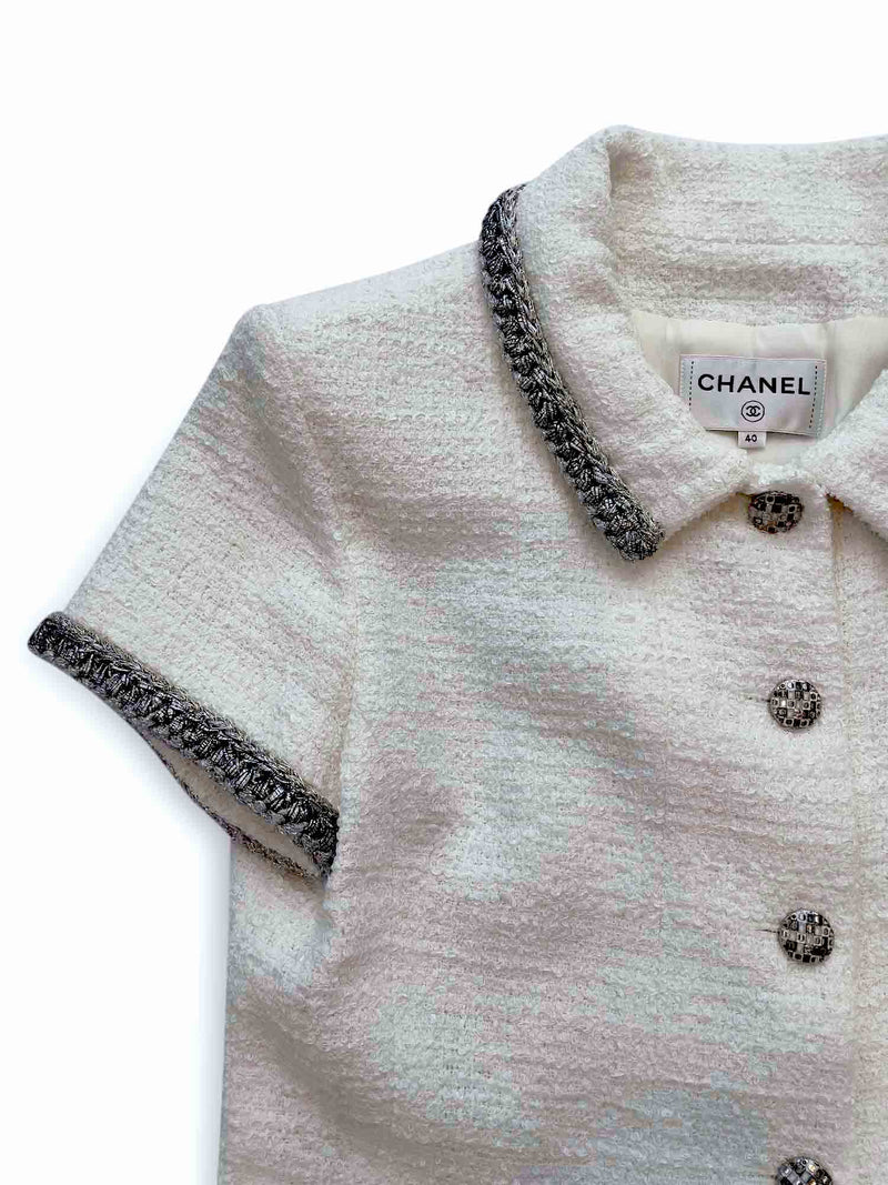 CHANEL CC Logo Lesage Tweed Fringy Fitted Mini Dress White