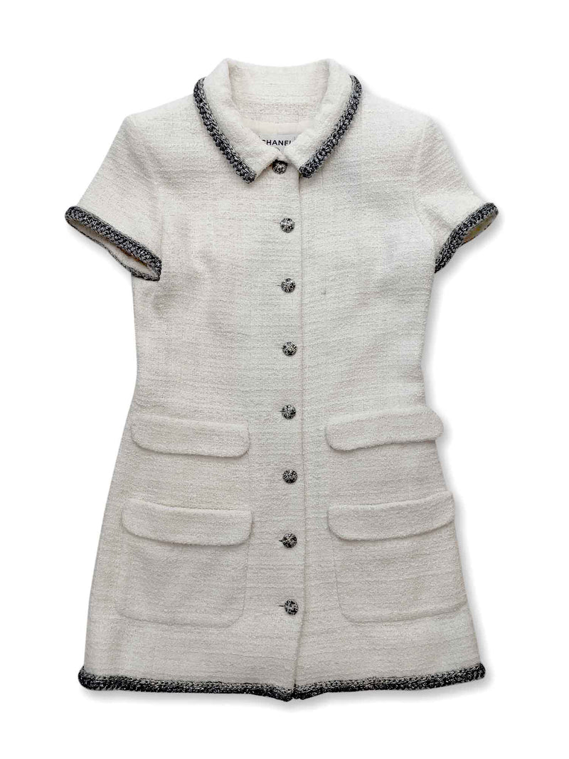 CHANEL CC Logo Lesage Tweed Fringy Fitted Mini Dress White