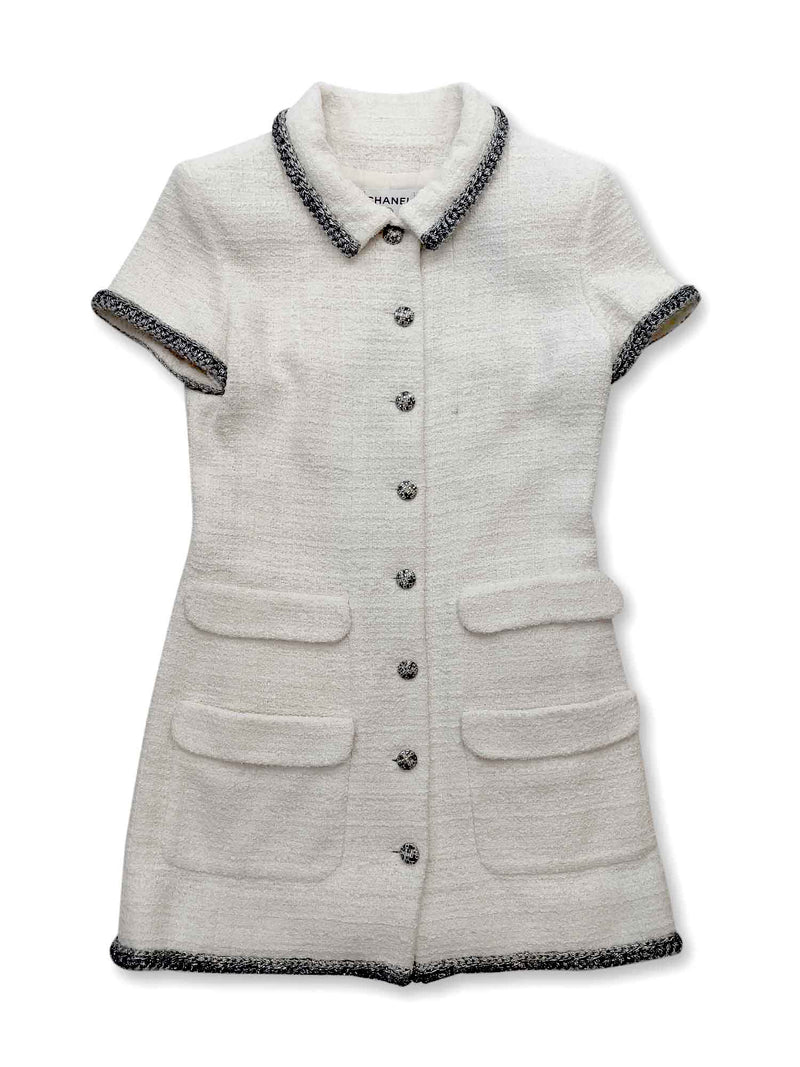 CHANEL CC Logo Lesage Tweed Fringy Fitted Mini Dress White CHANEL CC Logo Lesage Tweed Fringy Fitted Mini Dress White