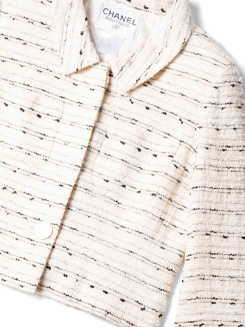 CHANEL CC Logo Lurex Tweed Cropped Jacket Ivory Black