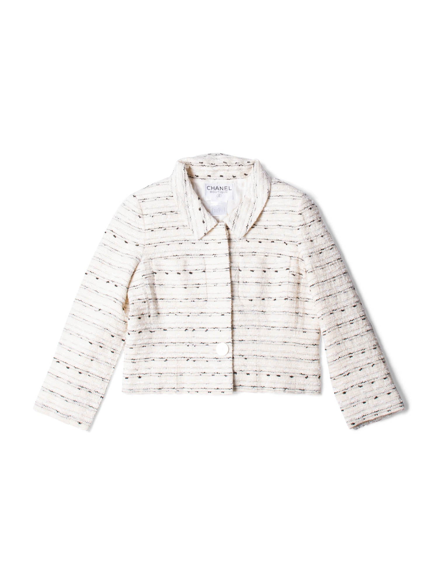 CHANEL CC Logo Lurex Tweed Cropped Jacket Ivory Black-designer resale