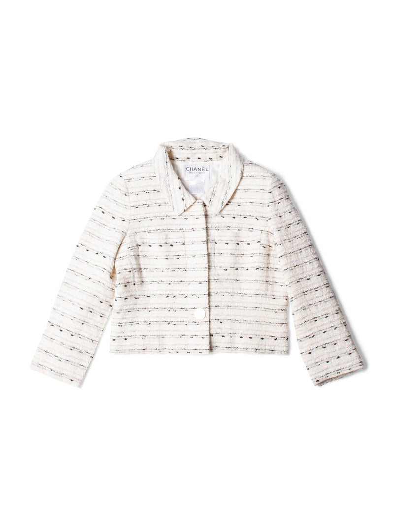 CHANEL CC Logo Lurex Tweed Cropped Jacket Ivory Black