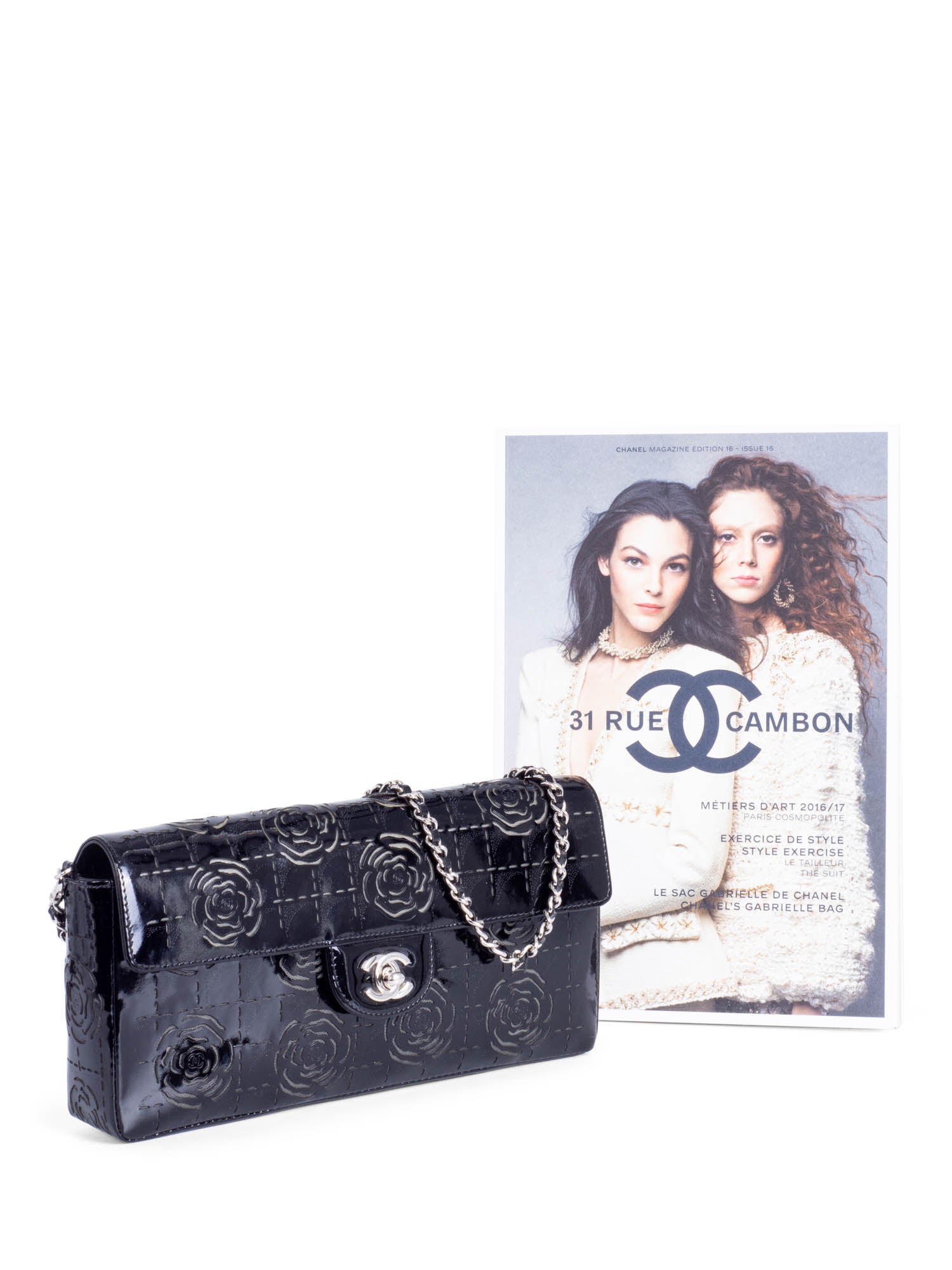 CHANEL CC Logo Patent Leather Camellia Flap Bag Black-designer resale