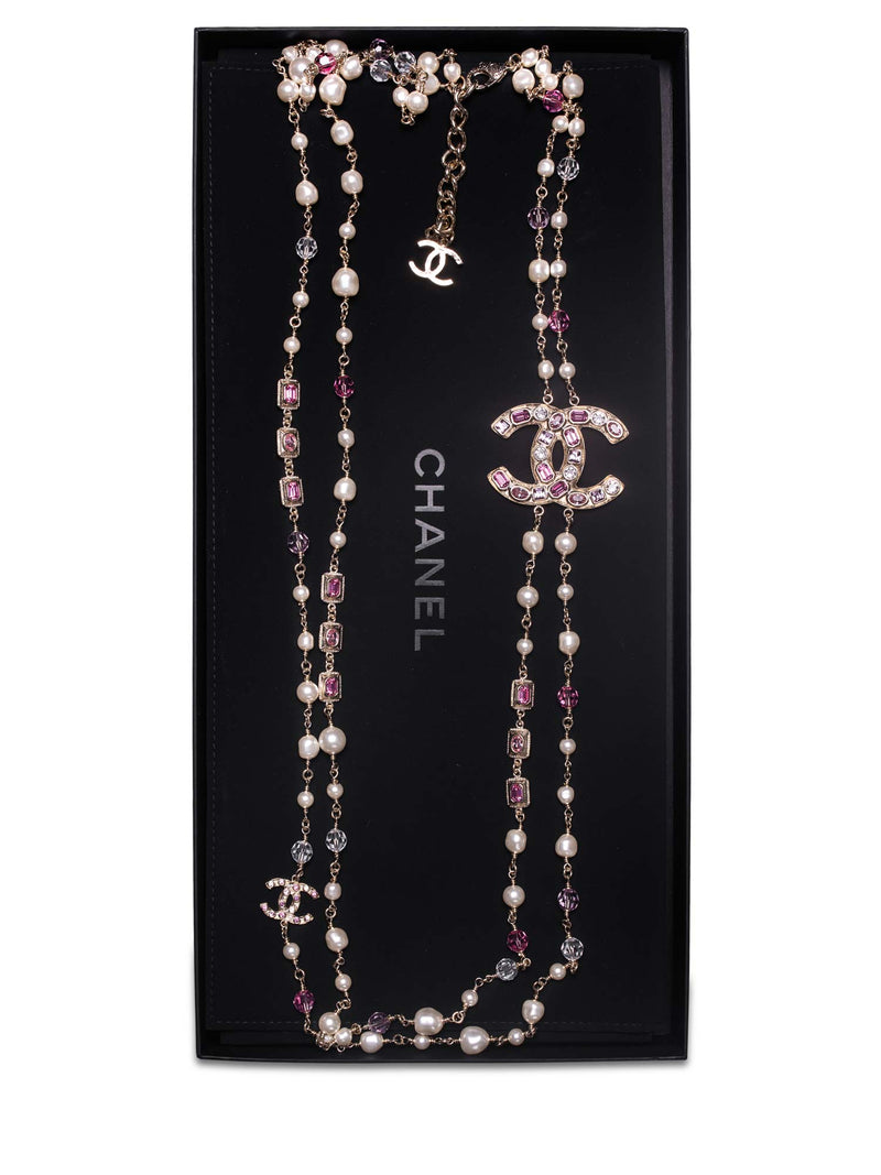 Chanel Goldtone Pearl/Crystal CC Logo Necklace - Yoogi's Closet