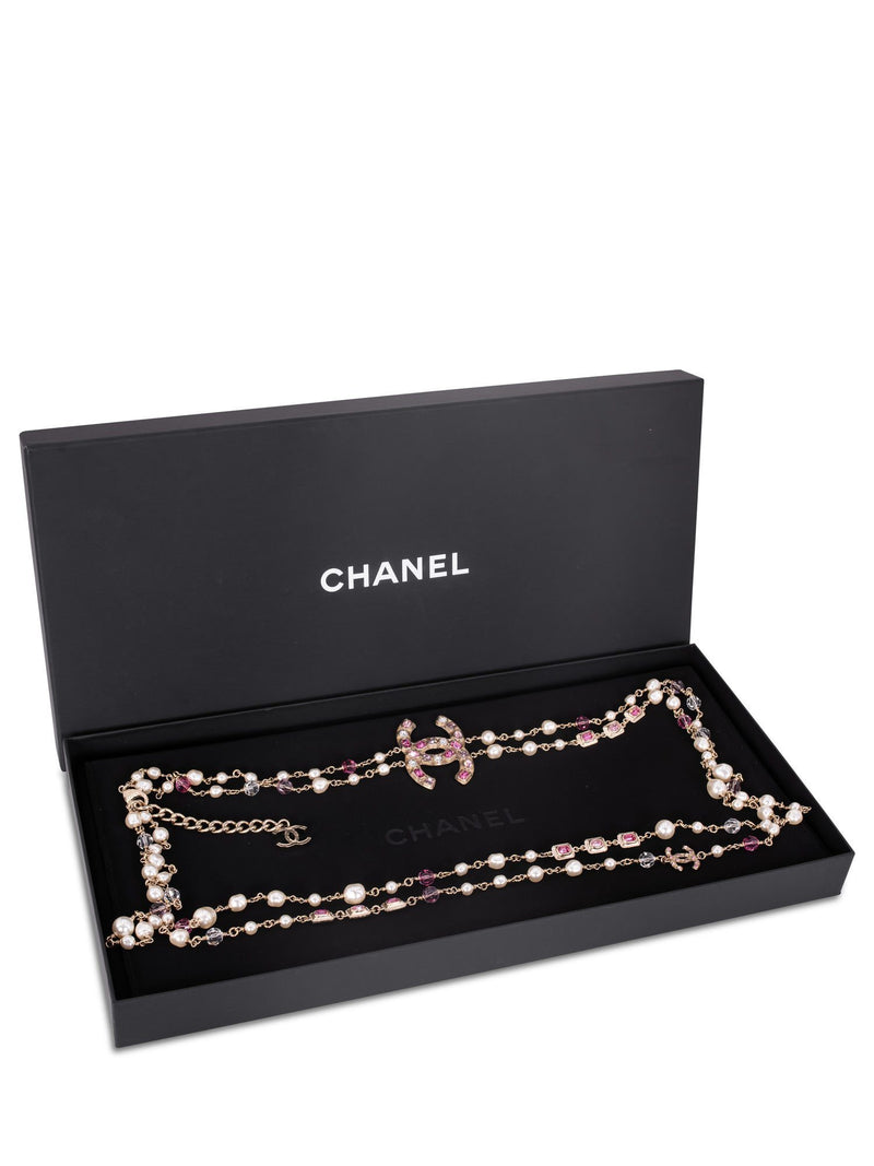 Chanel CC Logo Pearl & Crystal Long Pearl Necklace in Gilt