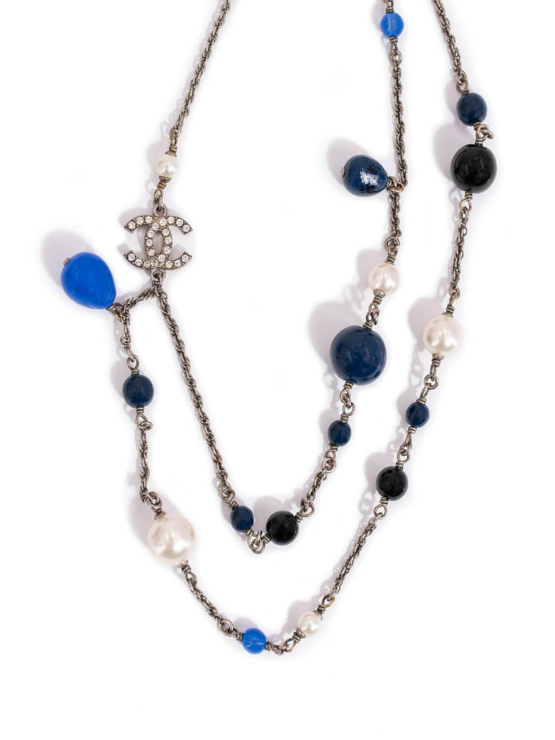 CHANEL CC Logo Pearl Double Strand Necklace Blue-designer resale