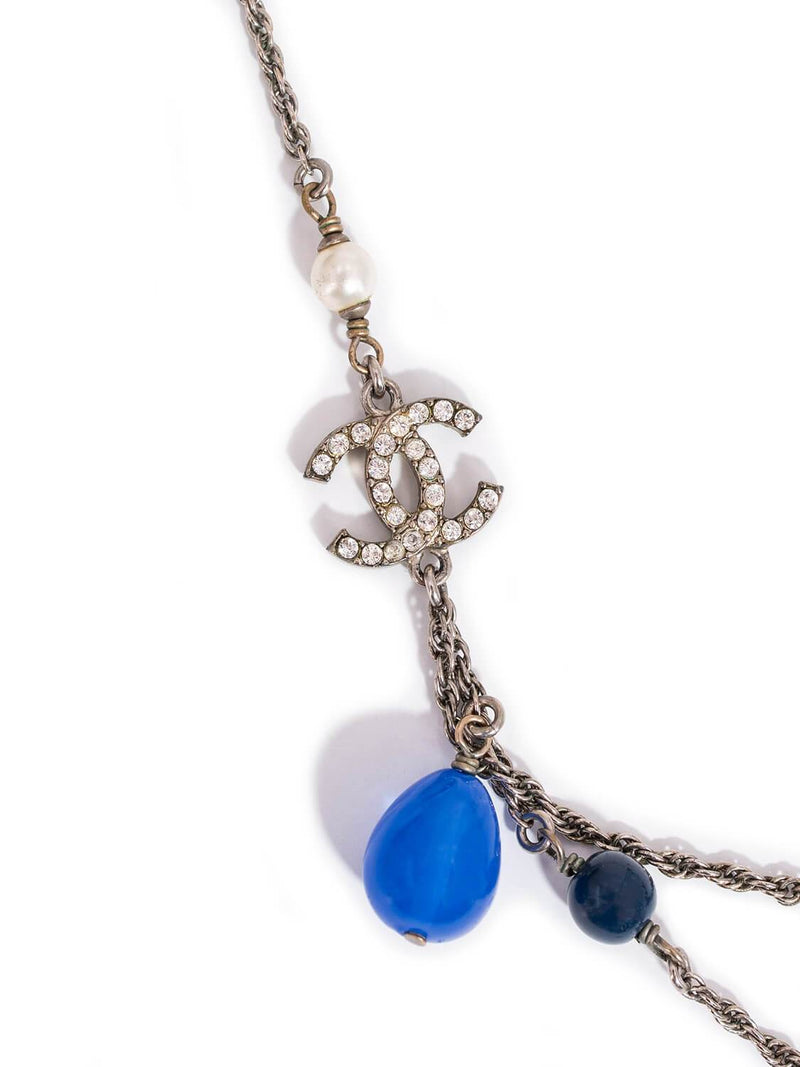 CHANEL CC Logo Pearl Double Strand Necklace Blue-designer resale