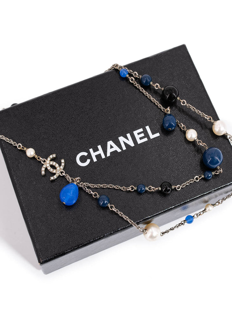 Chanel Silver Cc Logo Pearl Drop Necklace