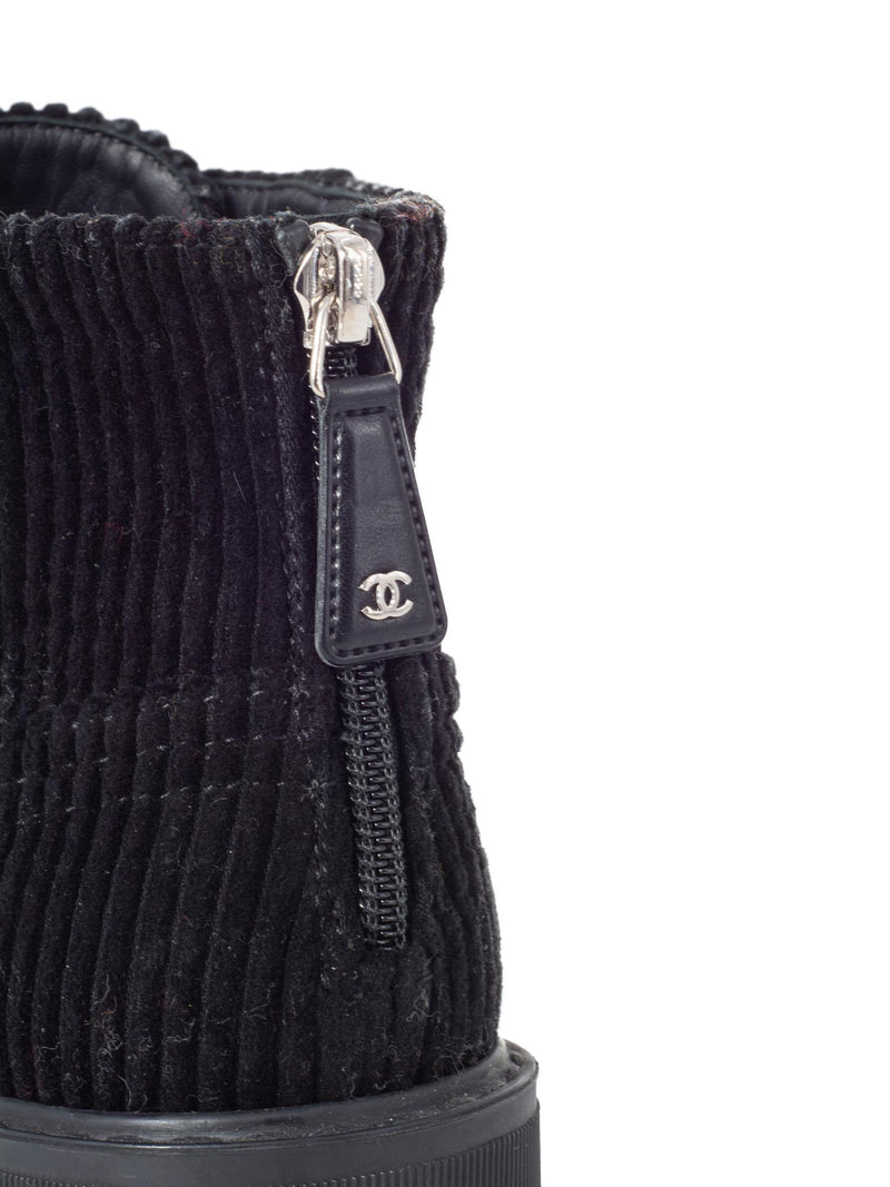 CHANEL CC Logo Pearl Lace Up Corduroy Boots Black-designer resale