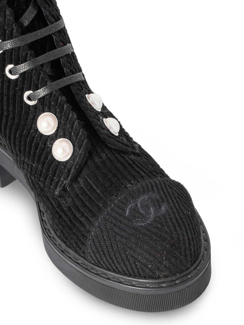 CHANEL CC Logo Pearl Lace Up Corduroy Boots Black-designer resale