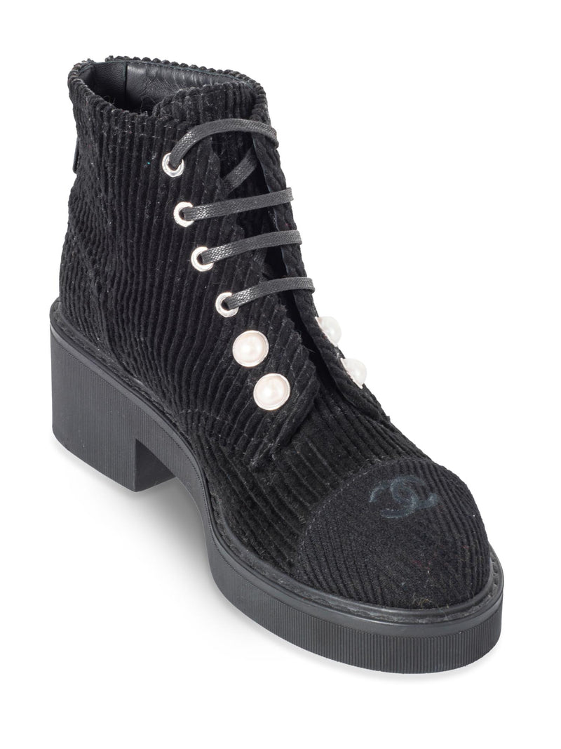 CHANEL CC Logo Pearl Lace Up Corduroy Boots Black