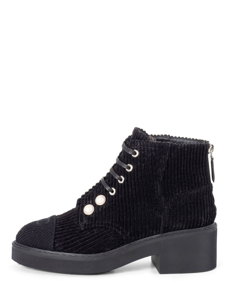 CHANEL CC Logo Pearl Lace Up Corduroy Boots Black-designer resale