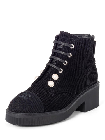 CHANEL CC Logo Pearl Lace Up Corduroy Boots Black-designer resale