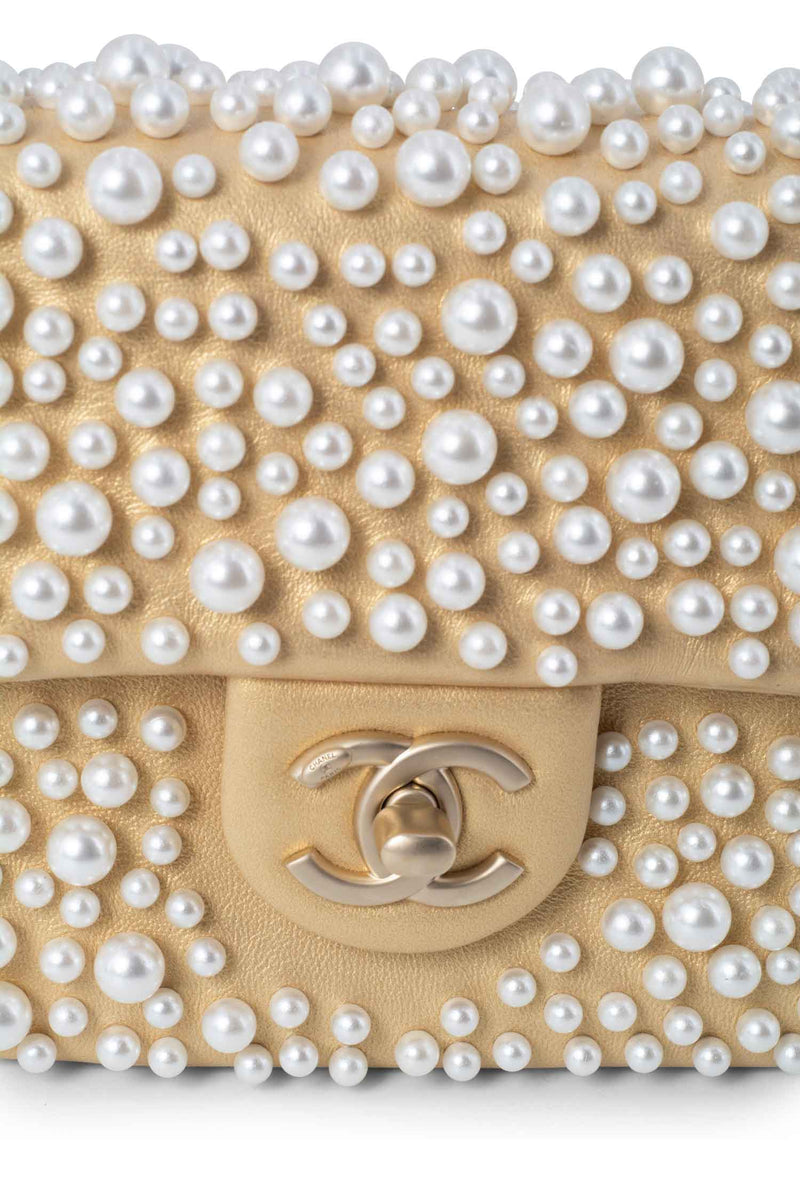 Chanel Pearl Mini Flap Bag Satin White Black in Imitation Pearls/Lambskin  with Gold-tone - US