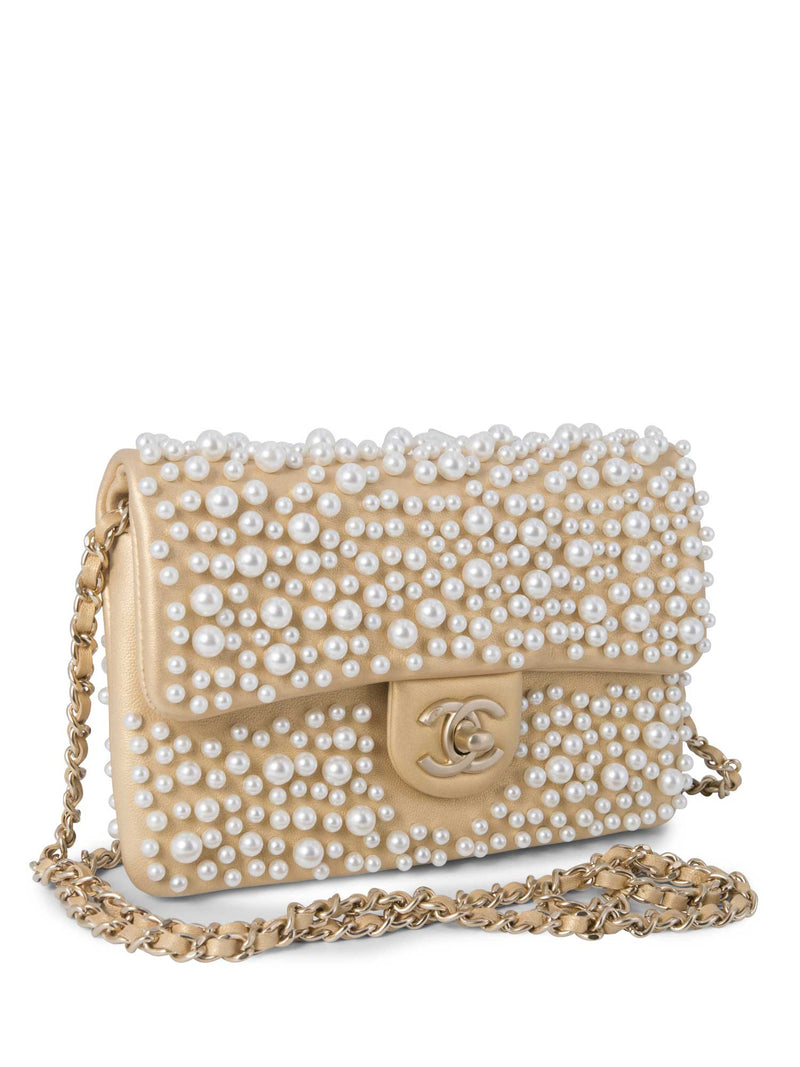 CHANEL CC Logo Pearl Mini Flap Messenger Bag Gold-designer resale