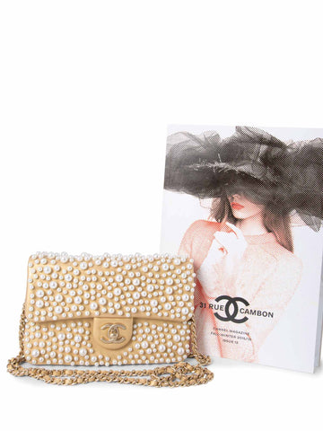 CHANEL CC Logo Pearl Mini Flap Messenger Bag Gold-designer resale