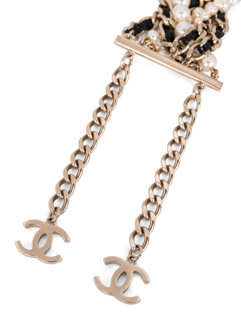 CHANEL CC Logo Pearl Multi Chain Choker Necklace Gold