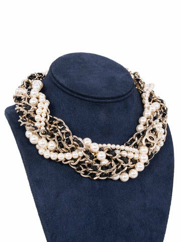 CHANEL CC Logo Pearl Multi Chain Choker Necklace Gold-designer resale