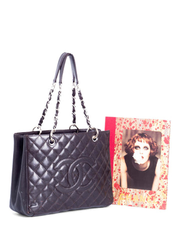 CHANEL CC Logo Quilted Caviar Grand Shopper Bag Brown-designer resale