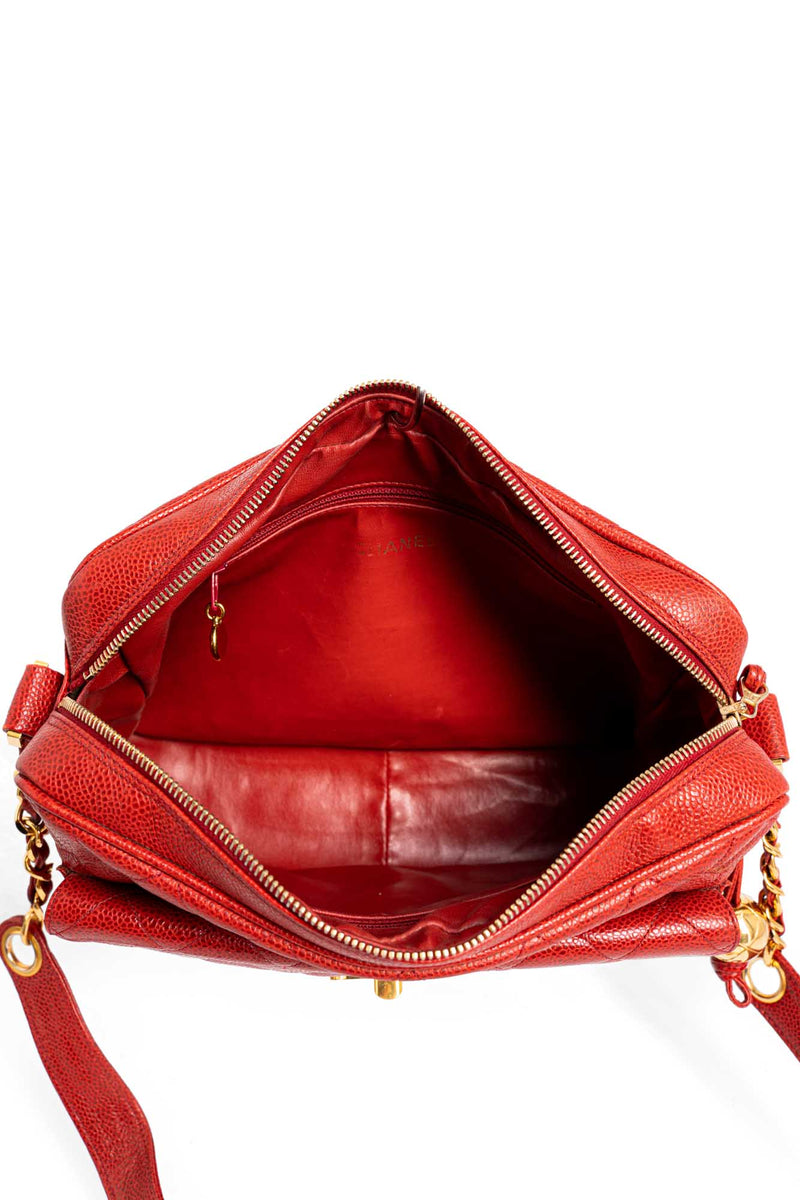 CHANEL CC Logo Quilted Caviar Leather Flap Messenger Bag Red-designer resale