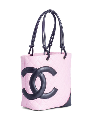 CHANEL CC Logo Quilted Leather Cambon Tote MM Pink-designer resale