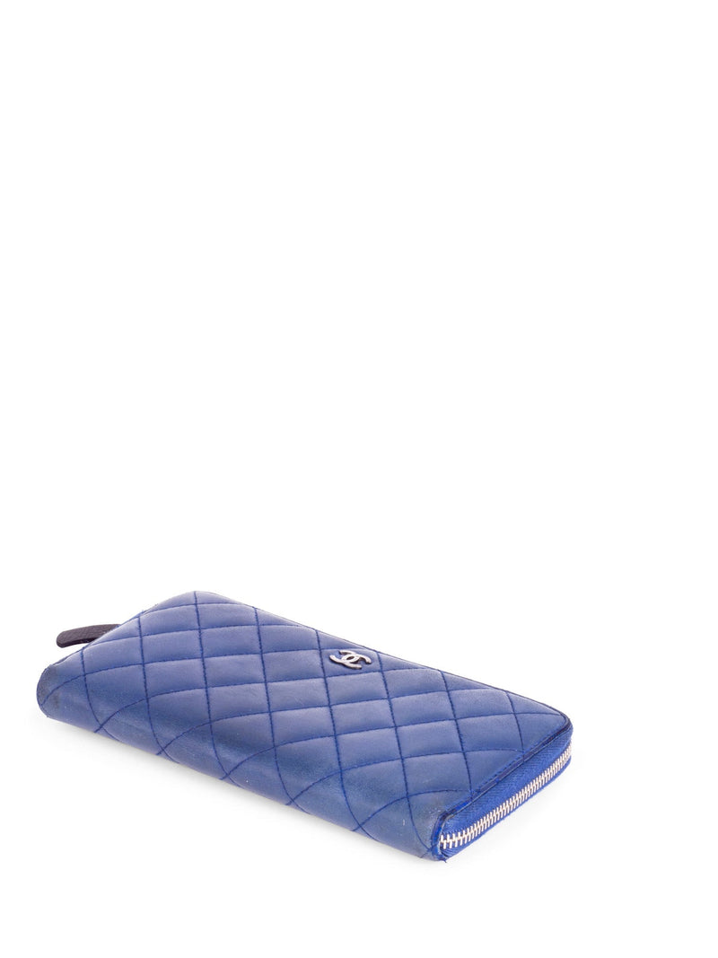 CHANEL CC Logo Quilted Leather Continental Zip Around Wallet Blue