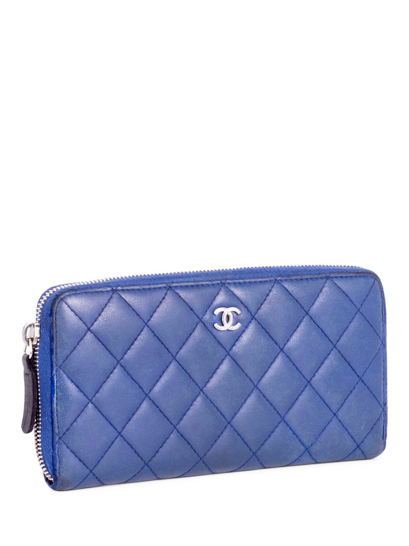 CHANEL CC Logo Quilted Leather Continental Zip Around Wallet Blue