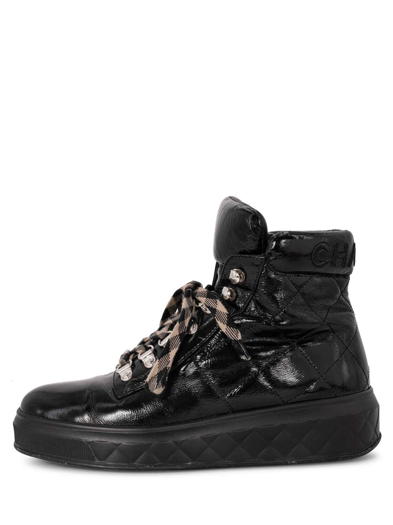 CHANEL CC Logo Quilted Leather High Top Platform Sneakers Black