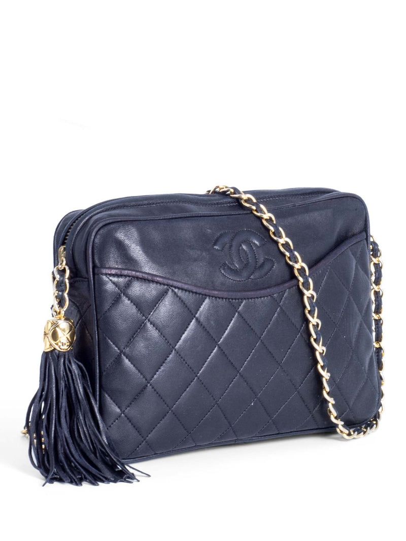 CHANEL CC Logo Quilted Leather Tassel Camera Messenger Bag Black-designer resale