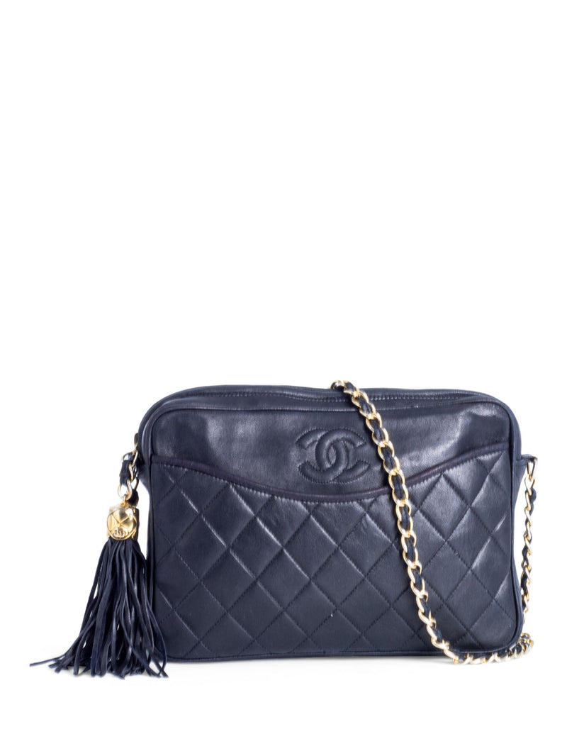 CHANEL CC Logo Quilted Leather Tassel Camera Messenger Bag Black-designer resale