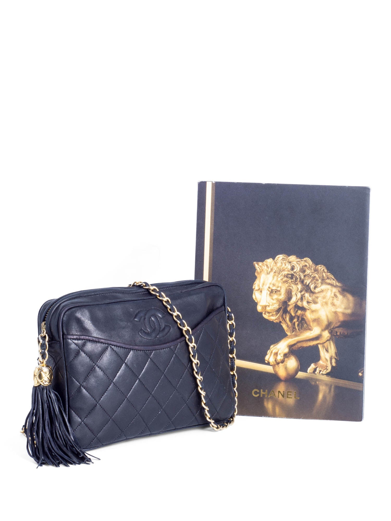 CHANEL CC Logo Quilted Leather Tassel Camera Messenger Bag Black-designer resale