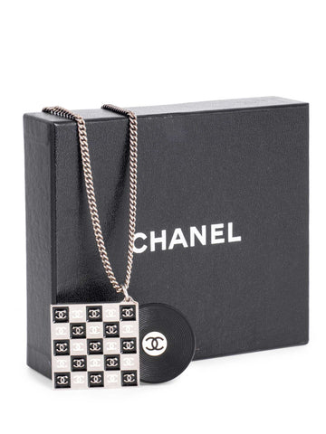 CHANEL CC Logo Record Player Silver Necklace Black-designer resale