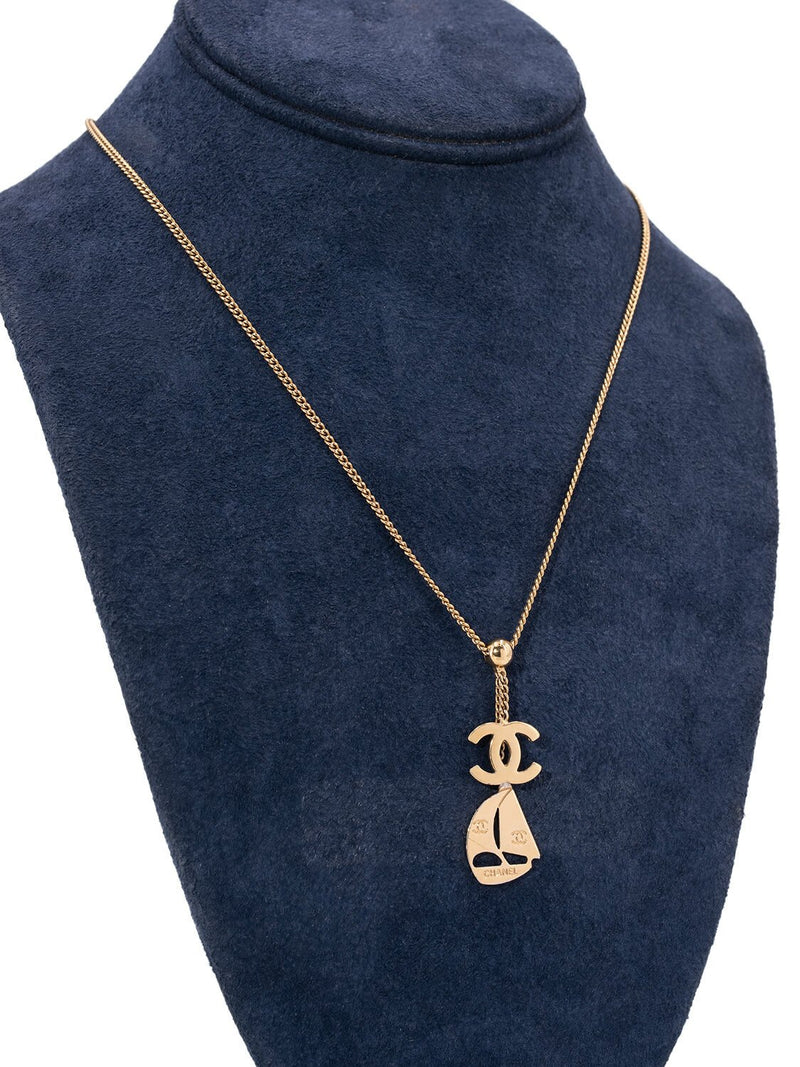 CHANEL CC Logo Sailboat Charm Necklace Gold-designer resale