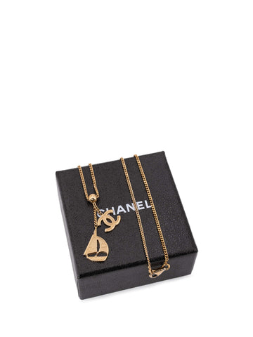 CHANEL CC Logo Sailboat Charm Necklace Gold-designer resale