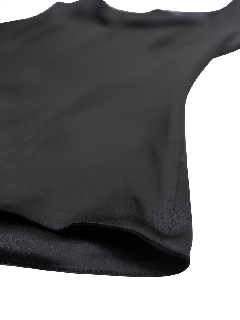 CHANEL CC Logo Satin Silk V-Neck Blouse Black-designer resale