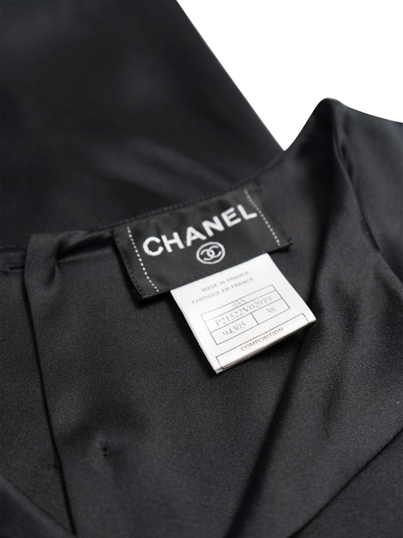 CHANEL CC Logo Satin Silk V-Neck Blouse Black-designer resale