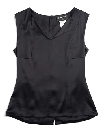 CHANEL CC Logo Satin Silk V-Neck Blouse Black-designer resale